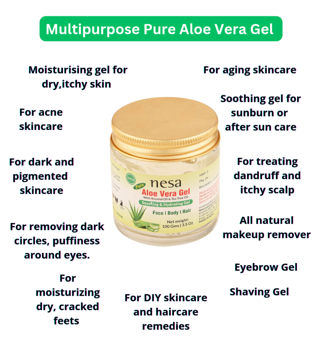 Nesa Pure Aloe Vera Gel (100g) | Soothing & Hydrating Gel for Face, Body, and Hair | Dry & Acne Skincare Solution | Natural Moisturizer