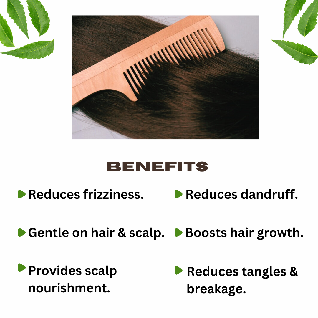 Nesa Neem Wood Comb - Brown Wide Tooth Comb with Handle | Control Hair Fall & Dandruff | Promotes Healthy & Beautiful Hair - Natural Hair Care Solution