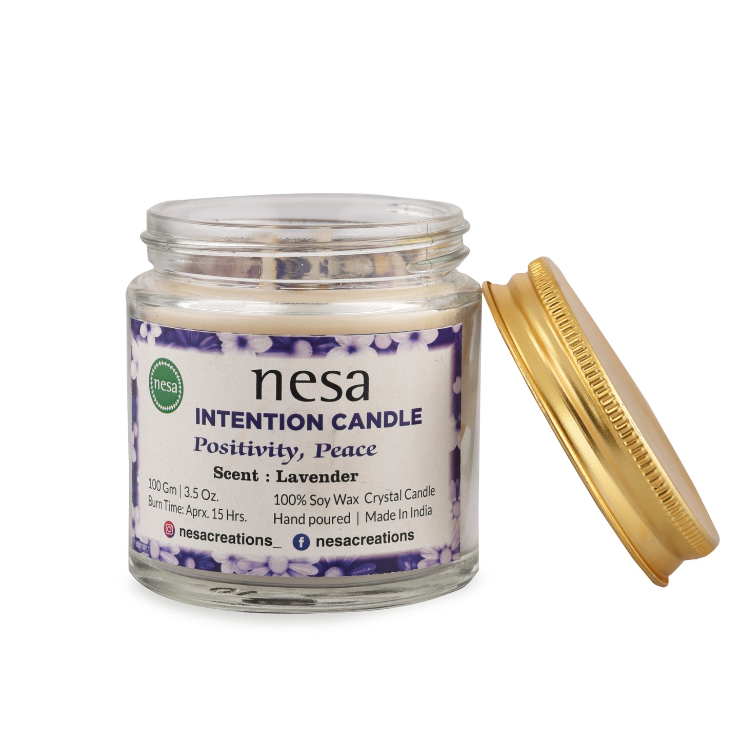 Nesa Serenity Lavender Crystal Candle | 100% Soy Wax | White Color | Lavender Scented | Spell Candle for Positivity, Peace, and Happiness | 100 g (3.5 oz)
