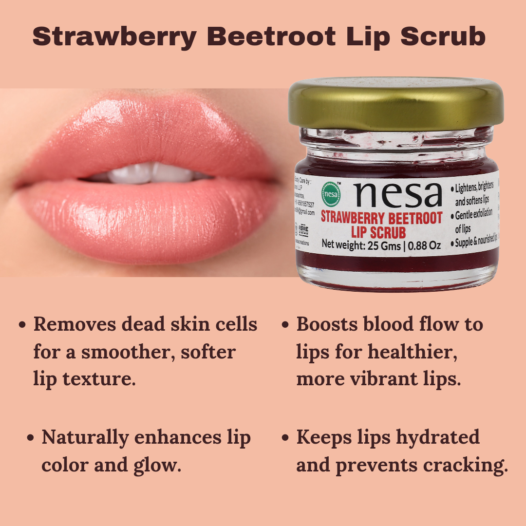 Nesa Strawberry Lip Scrub - 25 Gms - Exfoliating Treatment for Dry, Chapped, and Dark Lips - Lip Care for Healthy and Nourished Lips