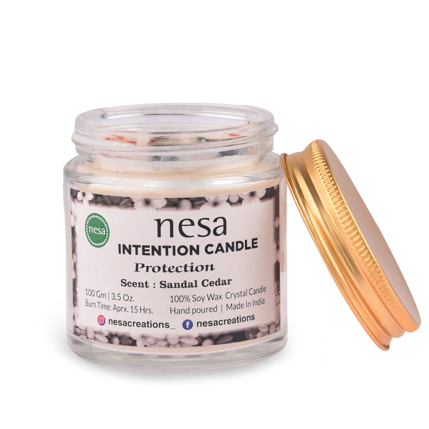 Nesa Intention Crystal Candle for Protection | 100% Soy Wax | Sandal Cedar Scent | White Colour | Spell and Ritual Candle-100 g