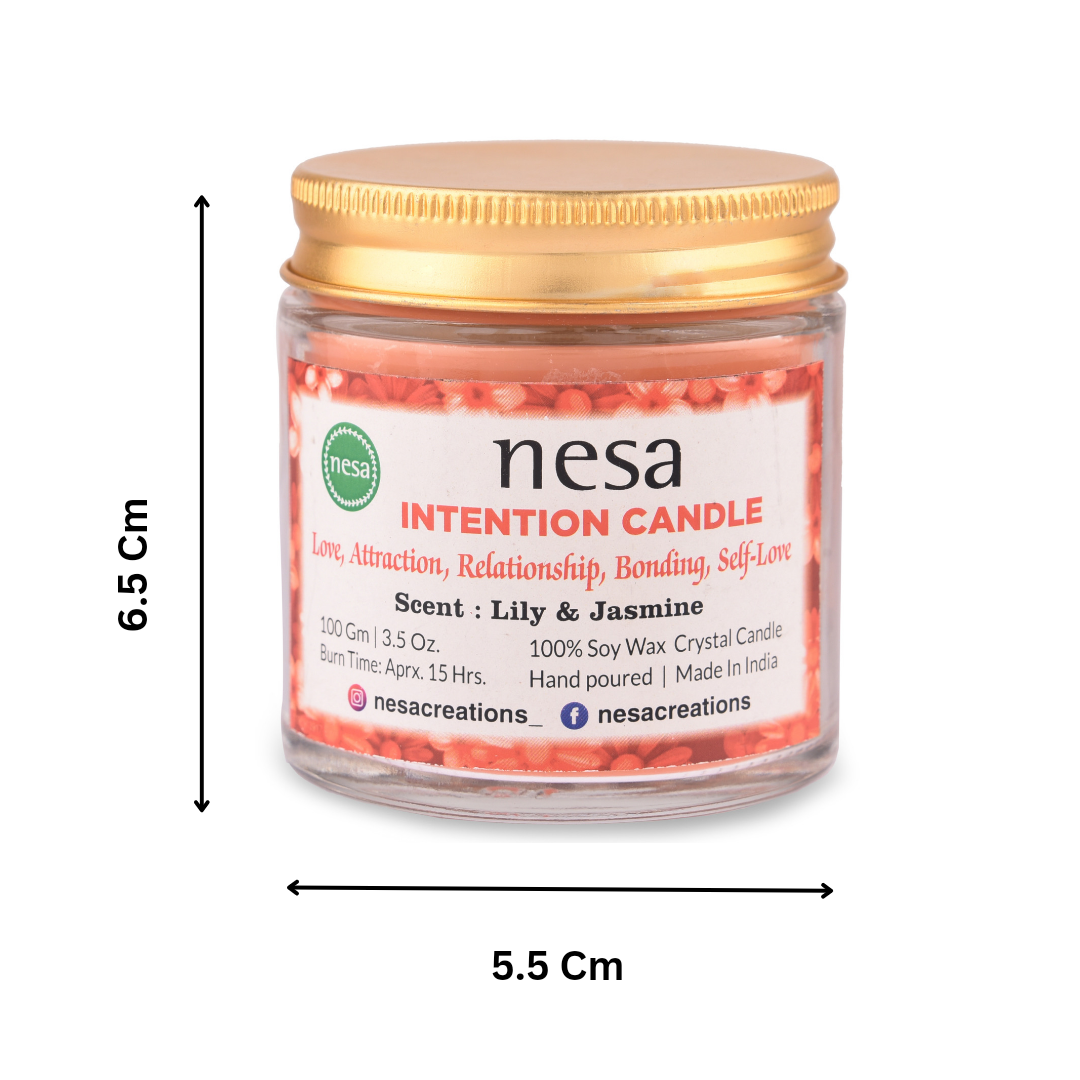 Nesa Love Intention Crystal Candle - 100% Soy Wax Candle- Red Color and Lily & Jasmine Scent - Spell and Ritual Candle for Relationship, Bonding- 100 g