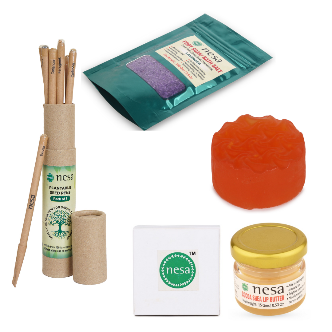 Nesa Diwali Gift Box: Plantable Seed Pen, Papaya Soap, Lip Butter & Lavender Bath Salt – Perfect Gifting for a Joyful Celebration!